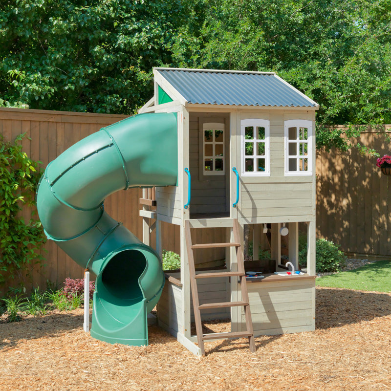 KidKraft Cozy Escape Wooden Outdoor Two Story Playhouse with Slide Kitchen Rock Wall and Bench Reviews Wayfair